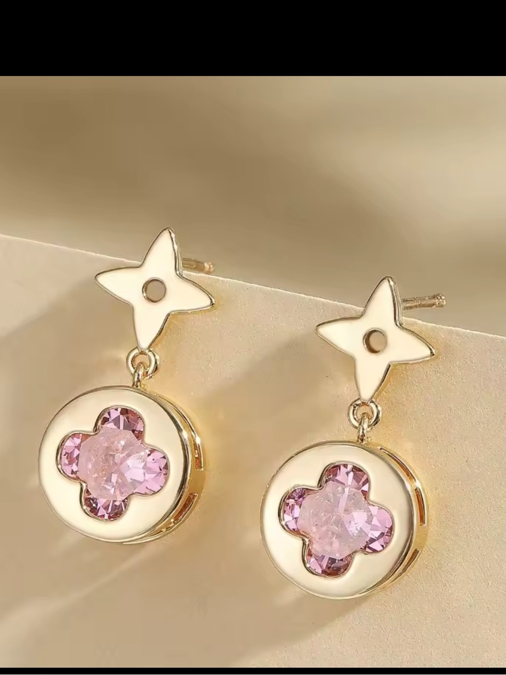 Gold-Tone Pink Crystal Clover Drop Earrings